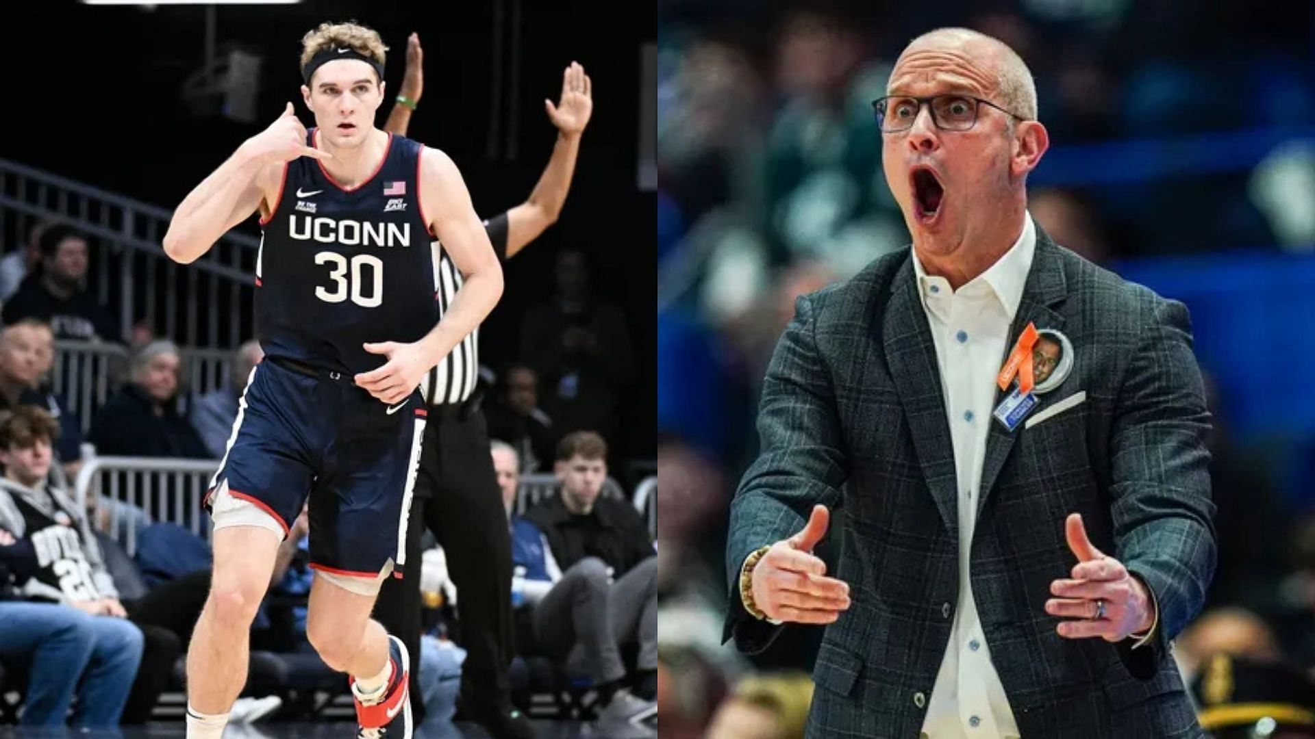 UConn star Liam McNeeley and coach Dan Hurley. Source: Imagn