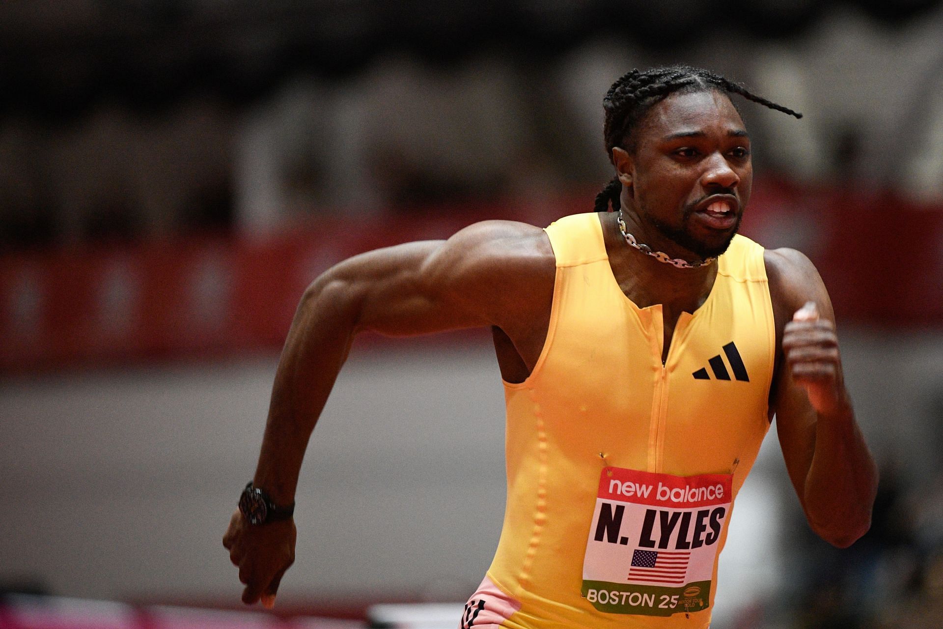 Noah Lyles competes in the men&#039;s 60m at the New Balance Indoor Grand Prix - Source: Getty