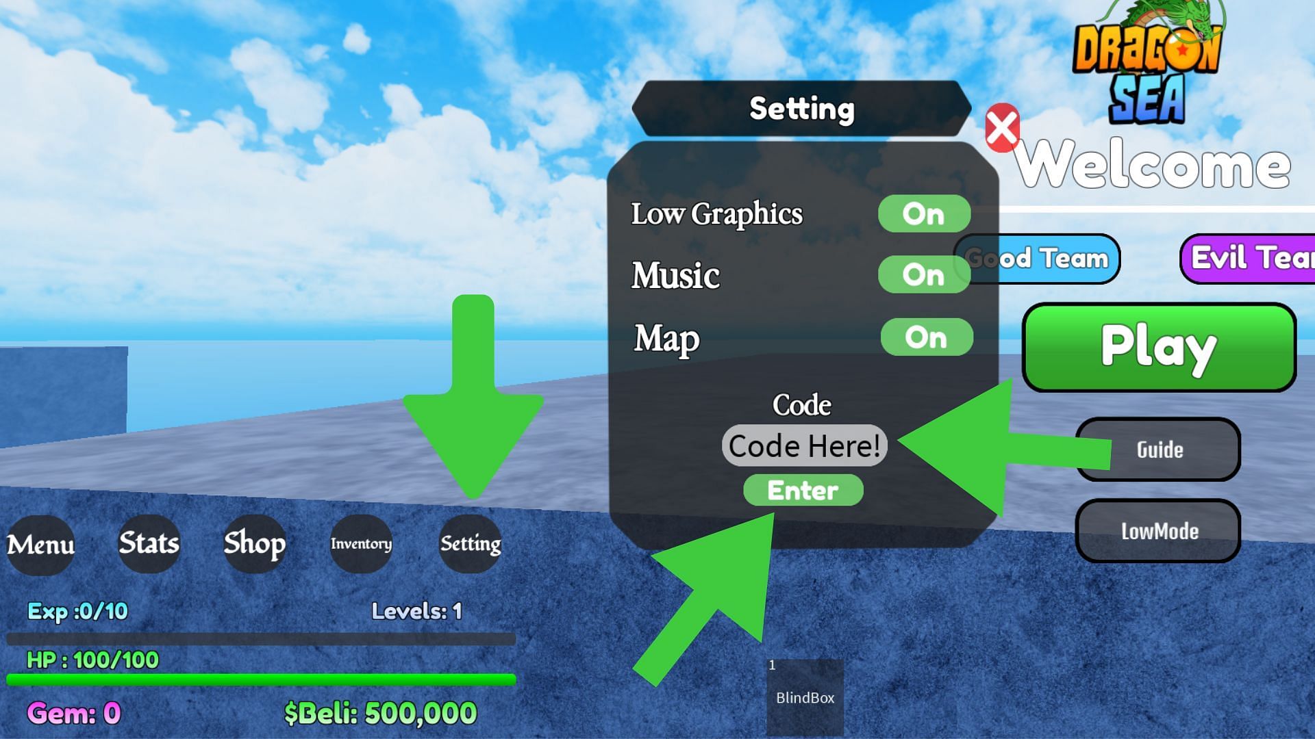 Before hitting Play, redeem the latest codes from the &quot;Setting&quot; tab (Image via Roblox)