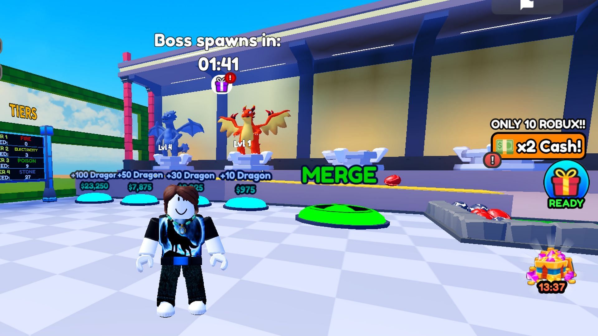 Purchase dragons by using Cash in Dragon Merge Tycoon (Image via Roblox)