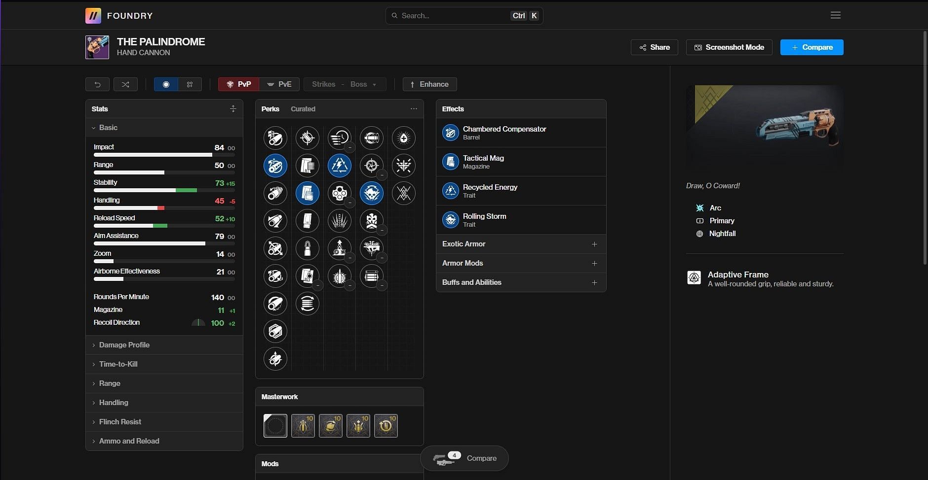 The Palindrome PvE god roll (Image via Bungie/Destiny Foundry)