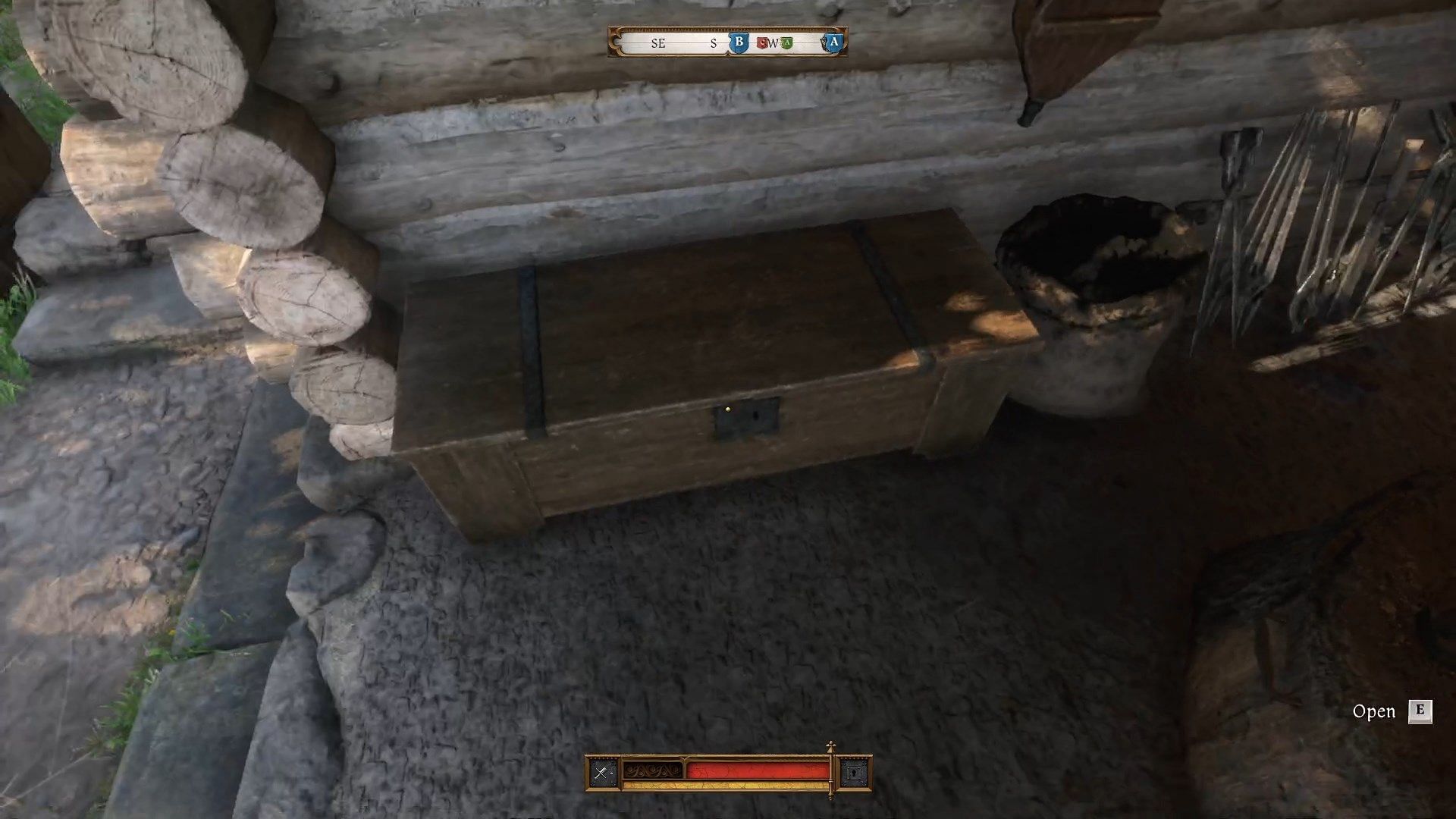 Take all materials from the chest at the blacksmithing station (Image via Deep Silver)