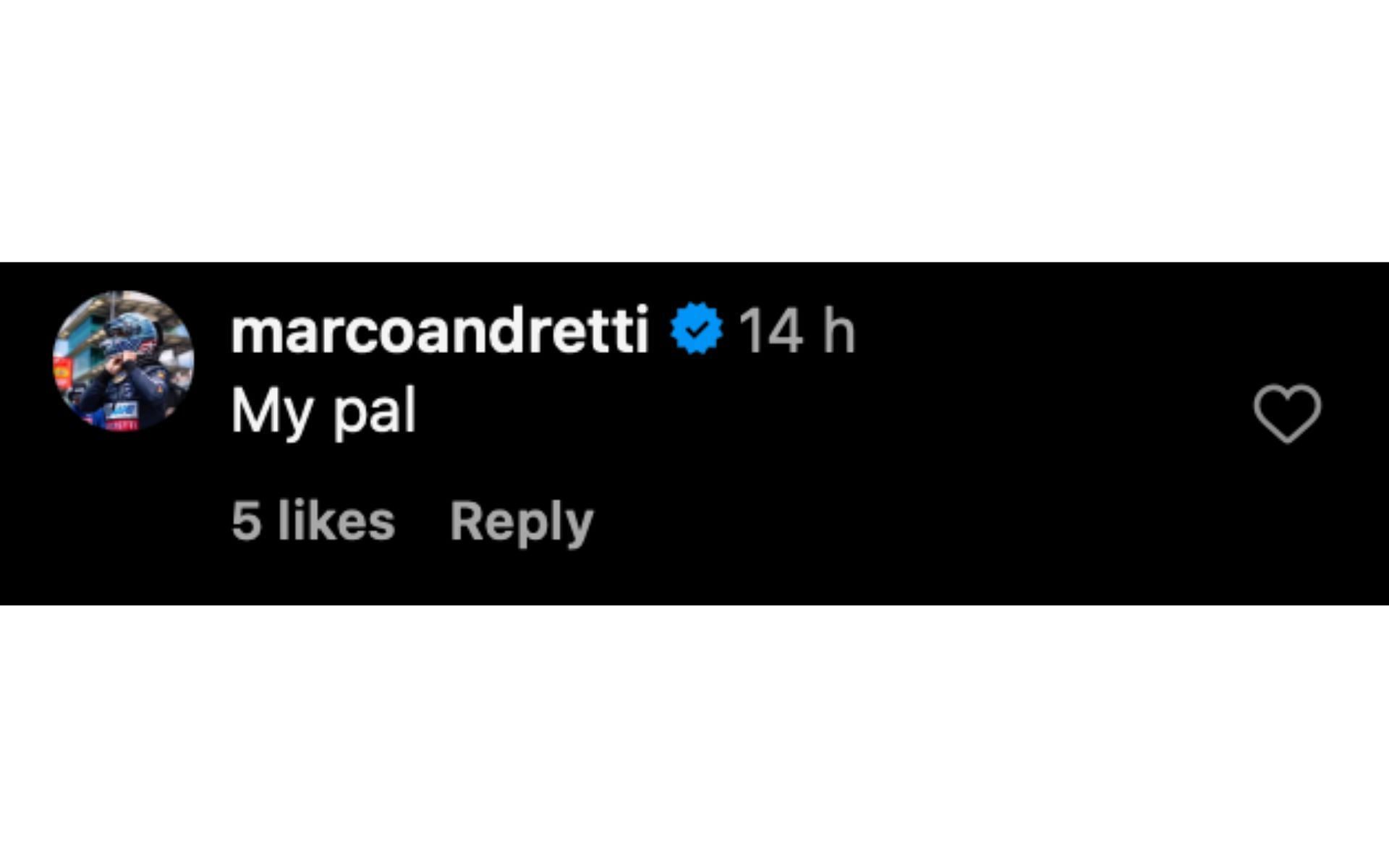 Marco Andretti&#039;s comment on Marissa Andretti&#039;s post Source : Instagram