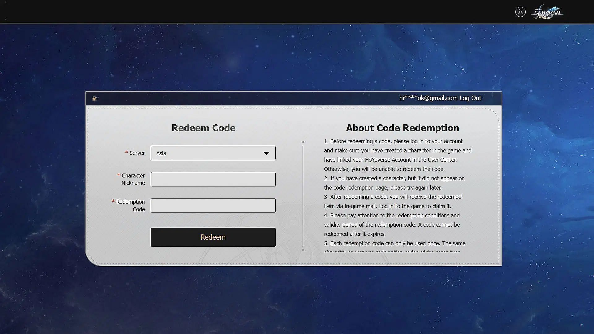 Redeeming a code on the website (Image via HoYoverse)