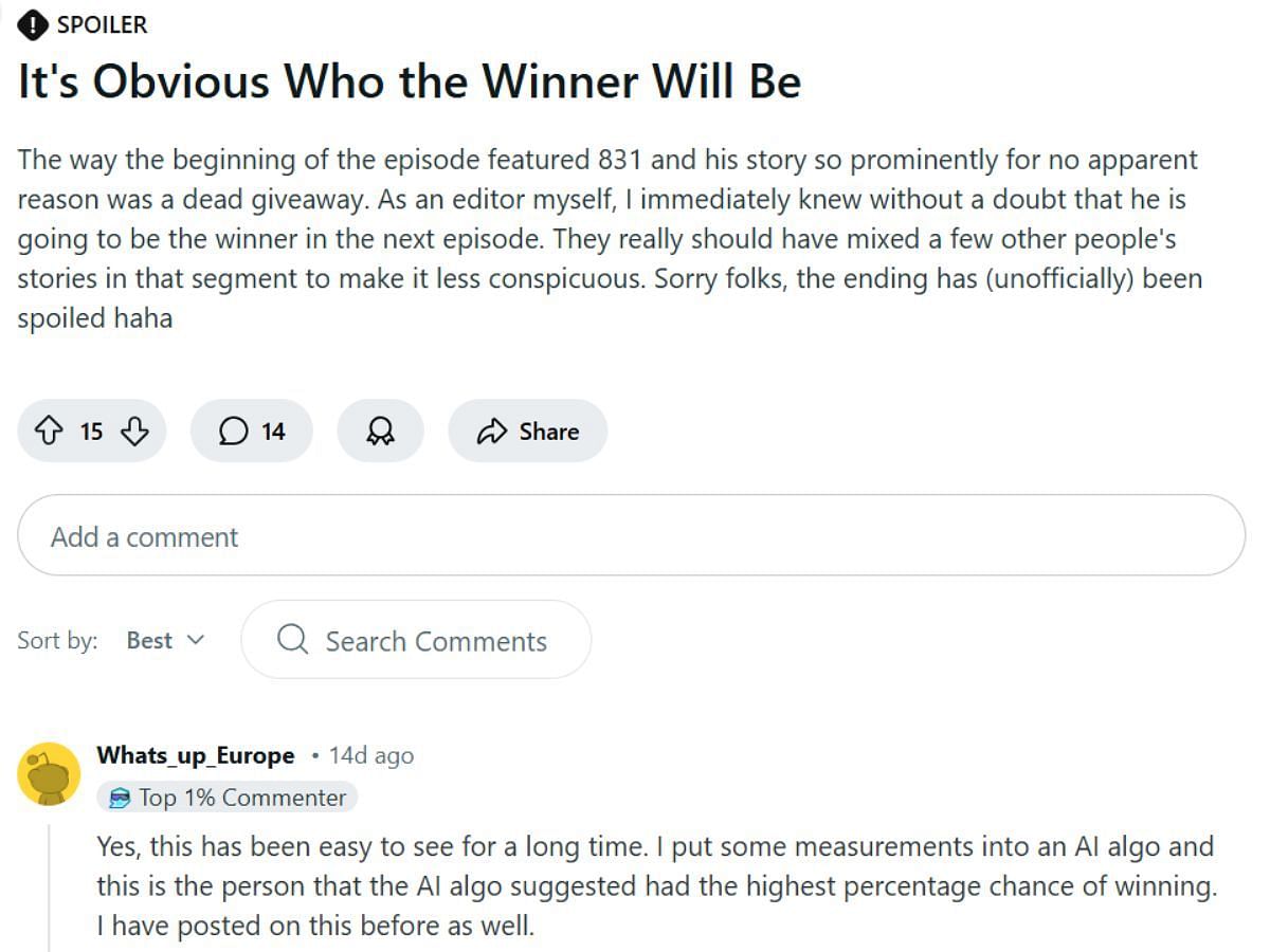 Reddit thread with fans discussing the winner (Image via Reddit)