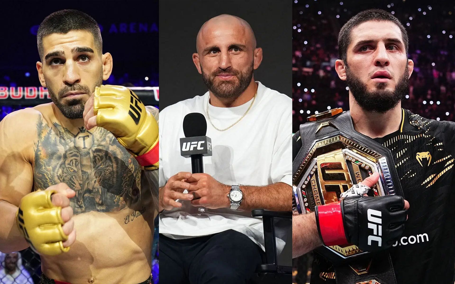 Alexander Volkanovski (middle) shares his thoughts on Ilia Topuria (left) wanting to fight Islam Makhachev (right) [Images courtesy: Getty Images]