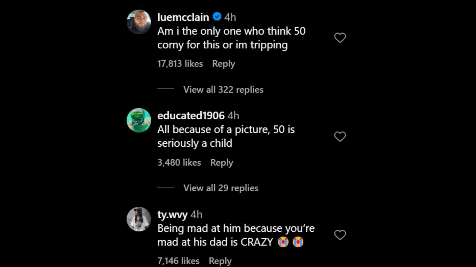 Comments about Cent&#039;s post (Image via Instagram/@theshaderoom)