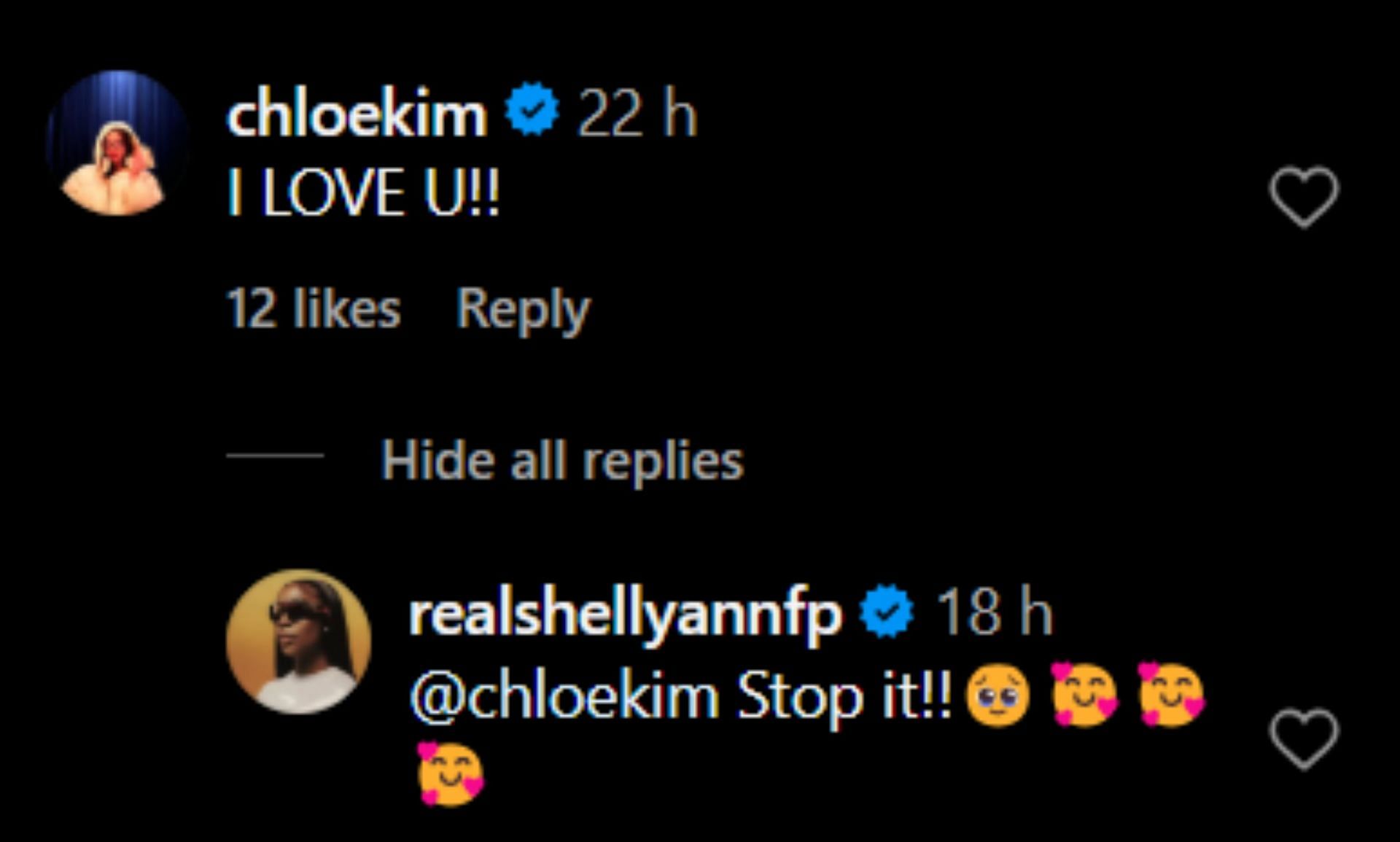 Shelly-Ann Fraser-Pryce and Chloe Kim show love to each other; Instagram - @realshellyannfp