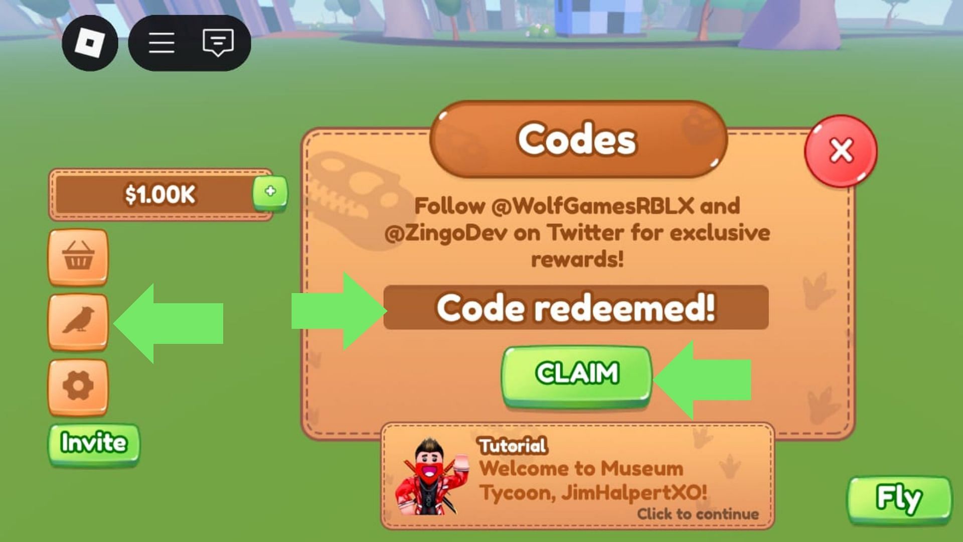 Tap the bird icon to open the code redemption window (Image via Roblox)