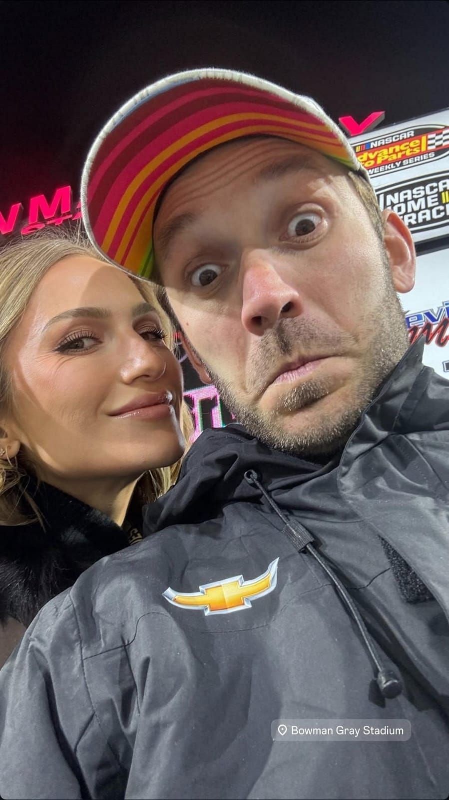 Julia Piquet and her husband making goofy faces for the selfie at Bowman Gray Stadium (Source: @juliapiquet via Instagram)