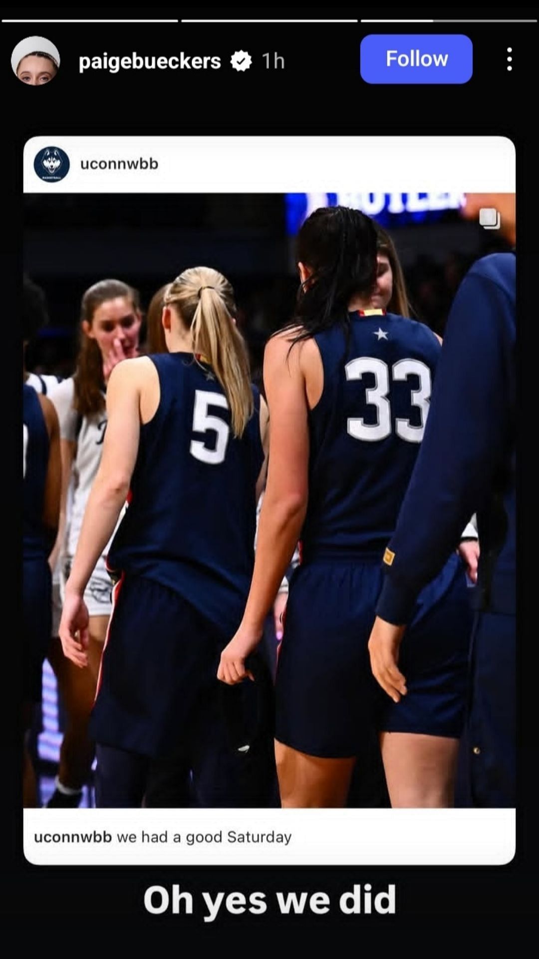 Paige Bueckers reacts to UConn&rsquo;s win vs. Butler. (Credits: IG/Paige Bueckers)