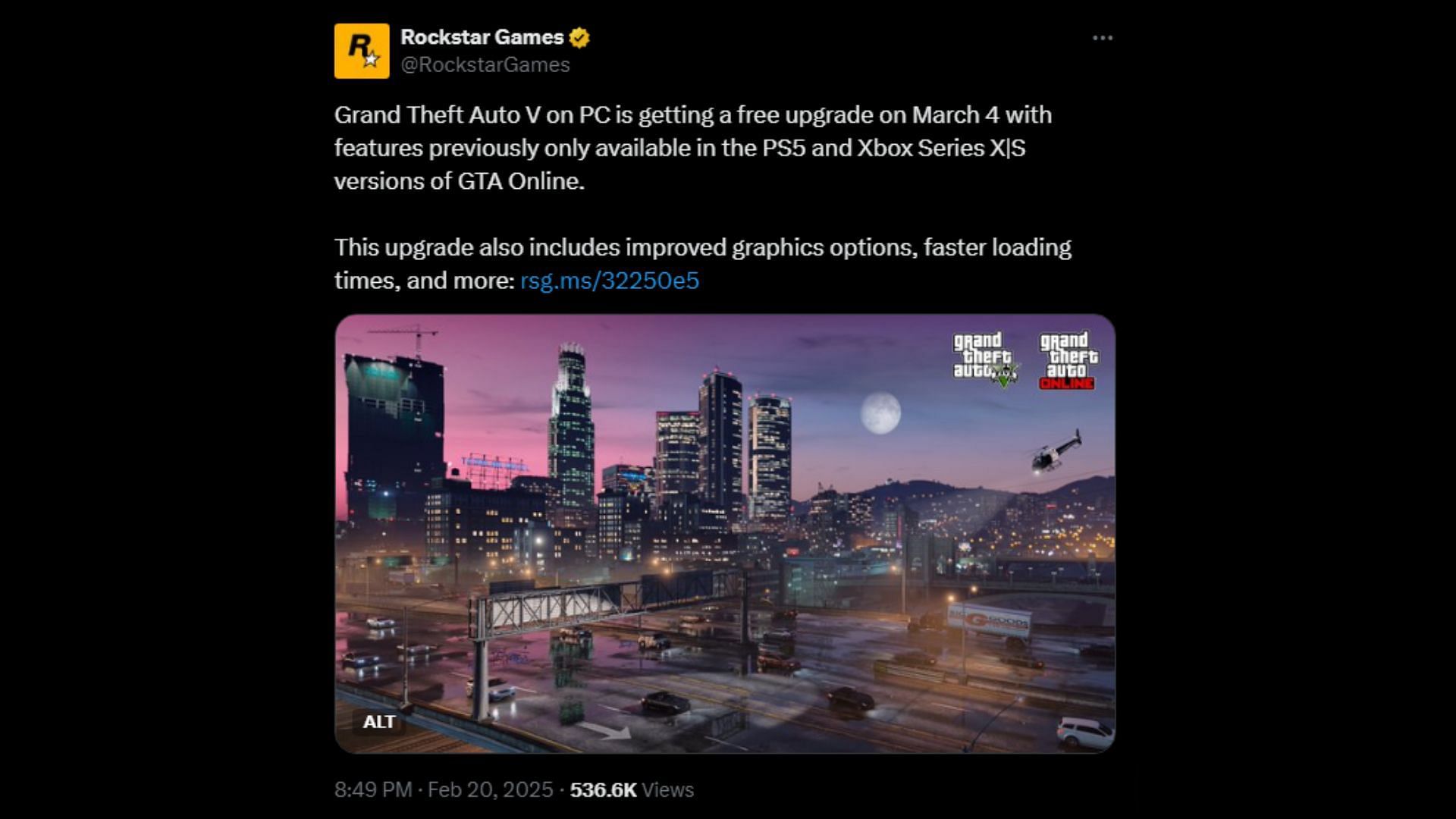 Rockstar&#039;s tweet announcing the GTA 5 Online Next-Gen PC upgrade (Image via Rockstar Games)