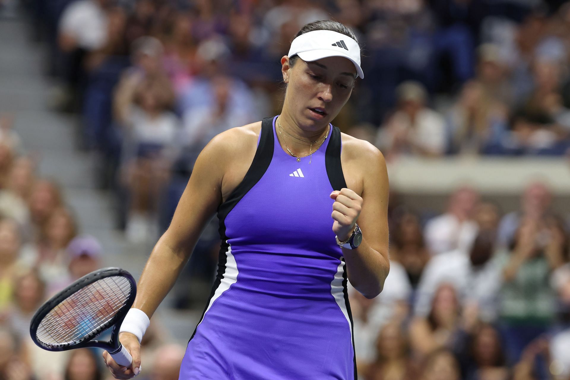 Jessica Pegula celebrates winning a point against Aryna Sabalenka during the 2024 US Open women&#039;s singles final (Source: Getty)