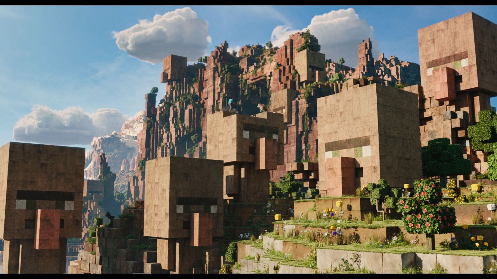 Steve building villager head statues in A Minecraft Movie (Image via YouTube/Warner Bros.)