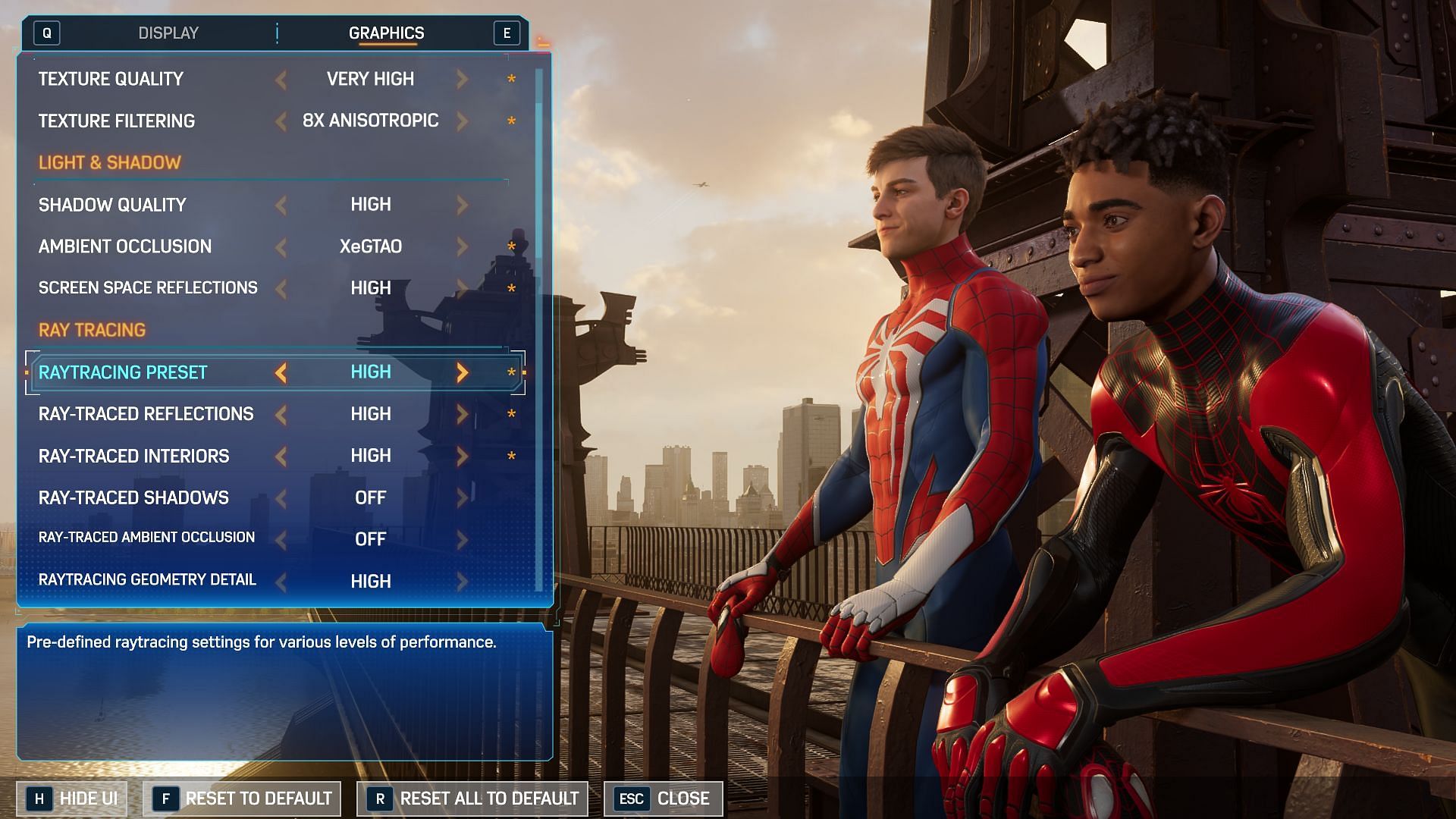 Marvel&#039;s Spider-Man 2 graphics settings page on PC (Image via PlayStation Publishing LLC)