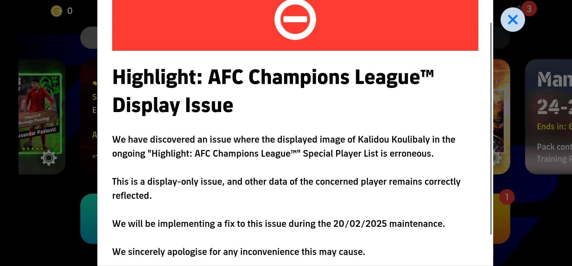 Konami&#039;s official statement on the issue in eFootball 2025 (Image via Konami)