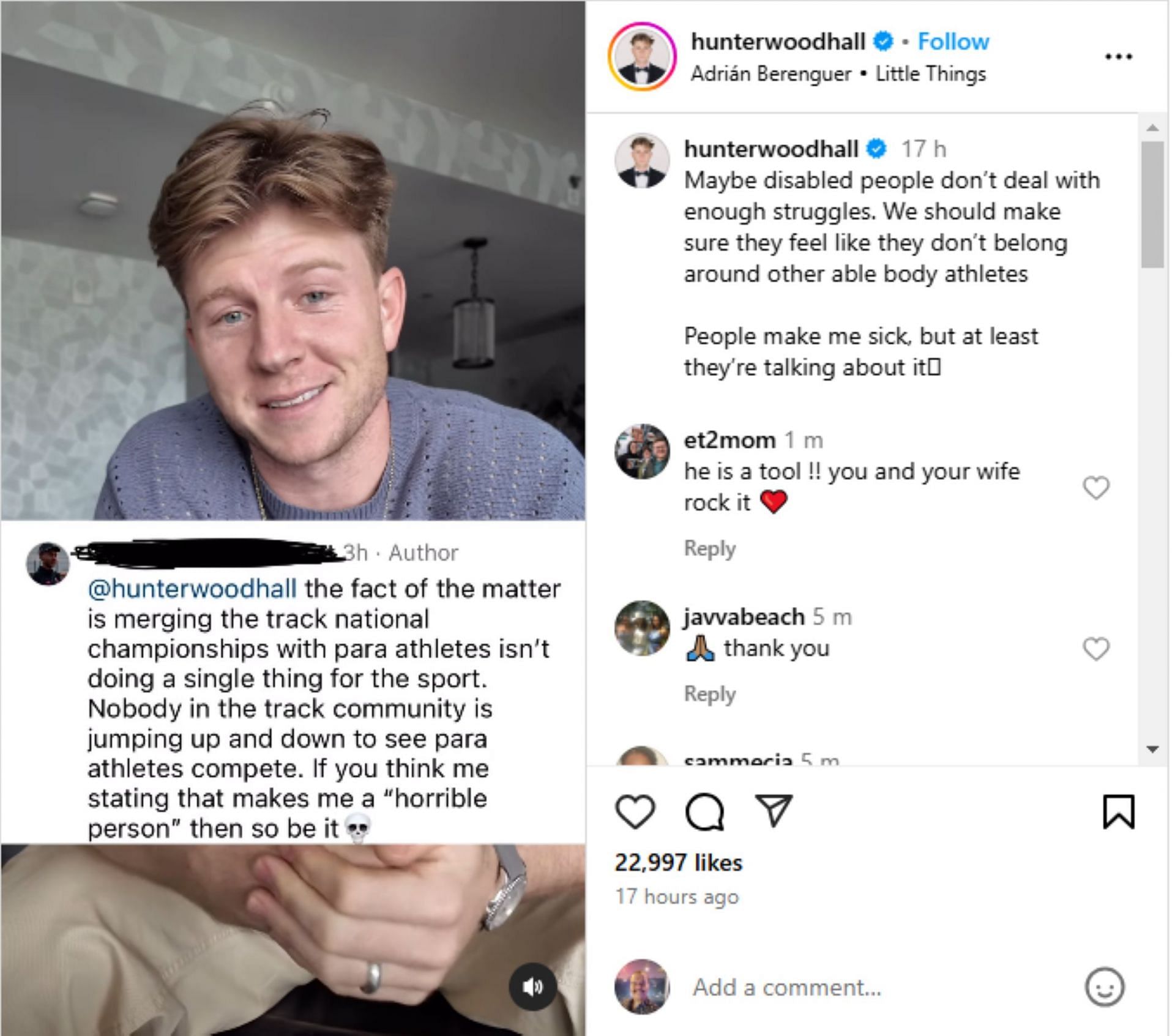 Screenshot of the individual&#039;s comments on Hunter Woodhall&#039;s participation [Image Source: Hunter Woodhall&#039;s Instagram]