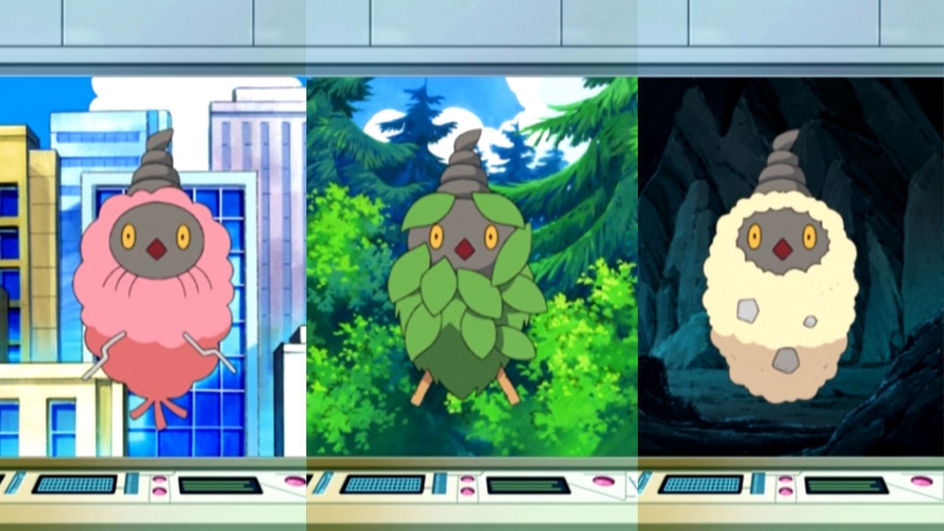 Burmy and all its cloak forms as seen in the anime (Image via The Pokemon Company)