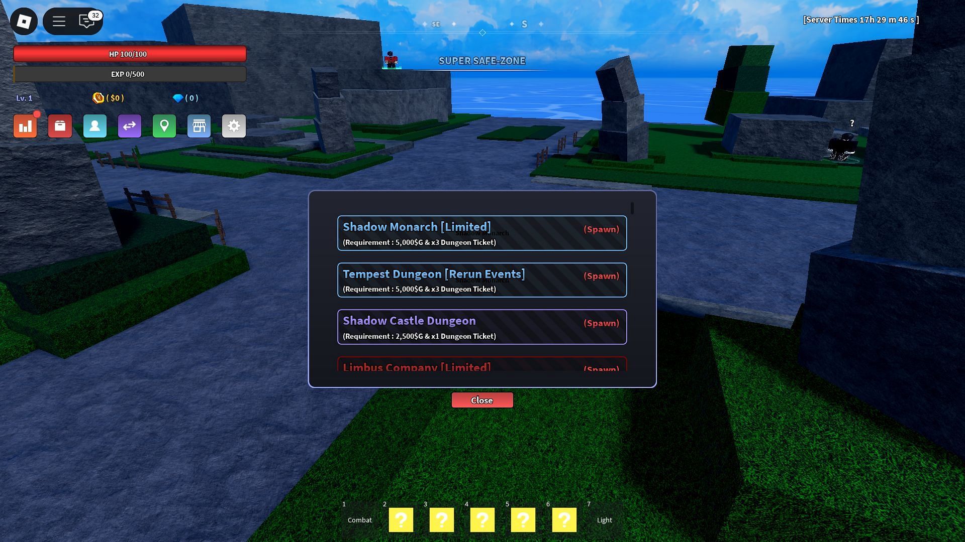 List of Dungeons (Image via Roblox)