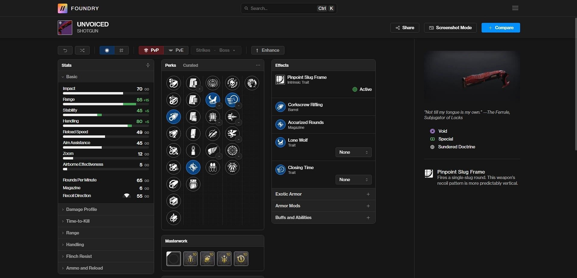 Unvoiced PvE god roll (Image via Bungie/Destiny Foundry)