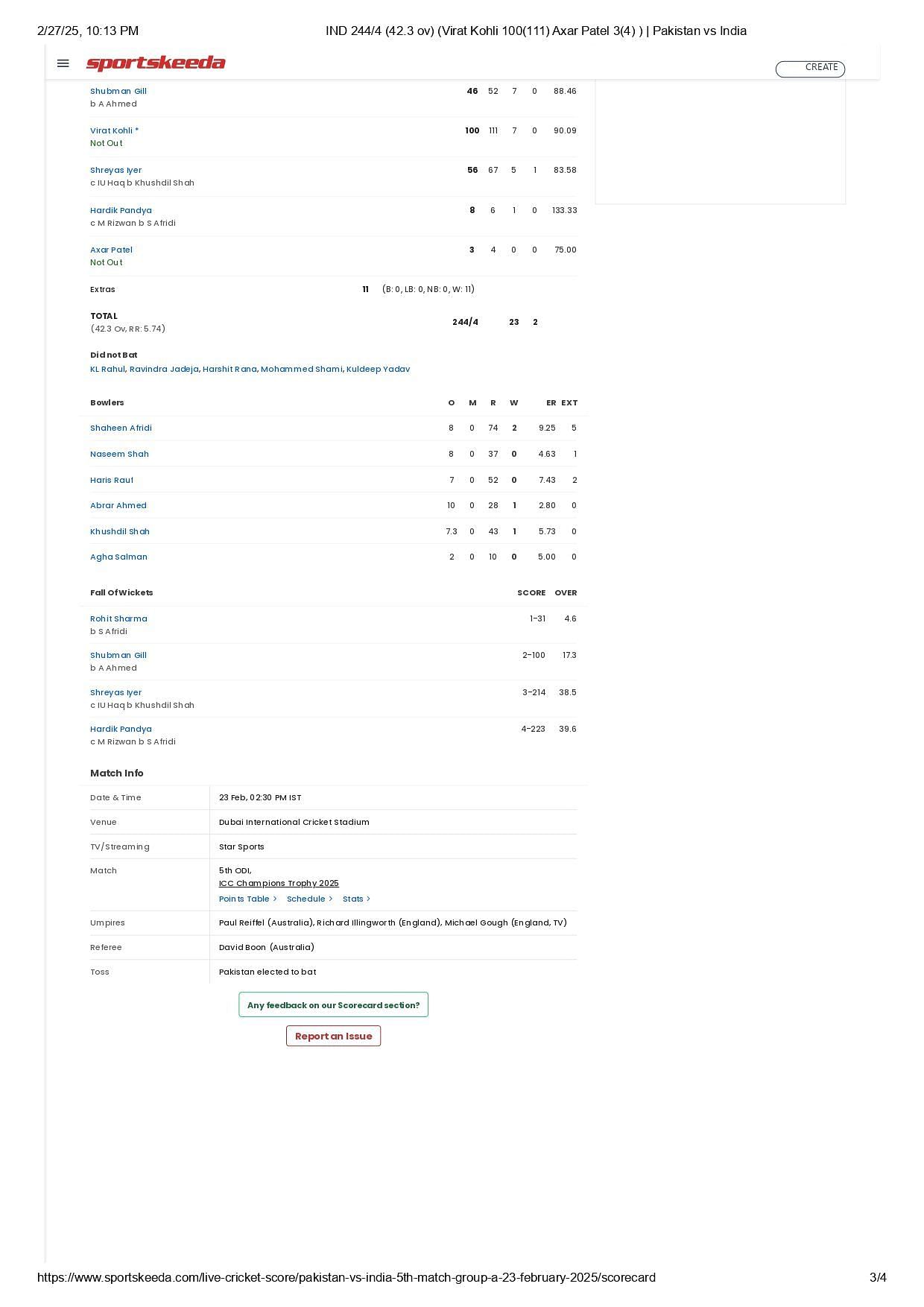 IND vs PAK 2025 CT scorecard. [Pic credits: Sportskeeda]