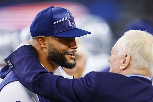 Dak Prescott, left, Jerry Jones, right, during NFL: AUG 26 Preseason - Raiders at Cowboys - Source: Getty