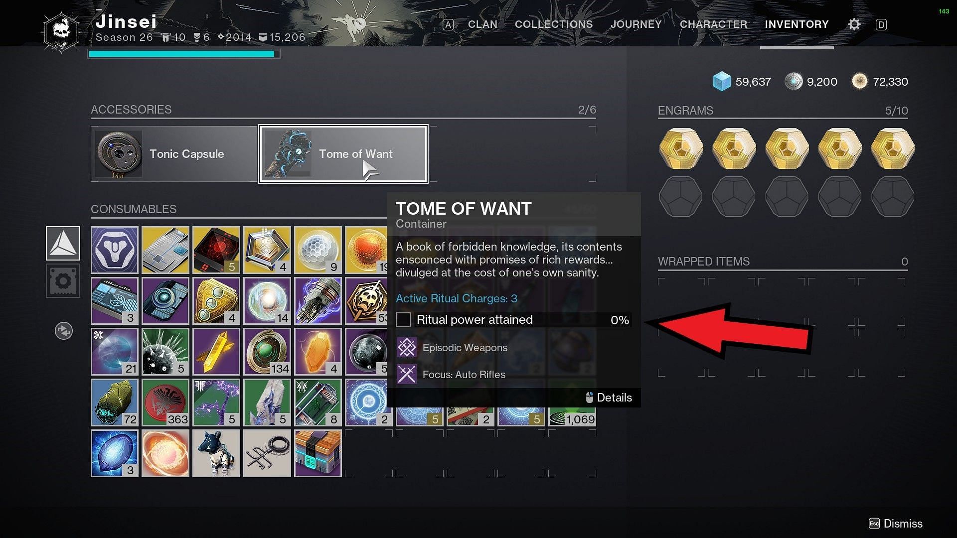 Progress of Tome of Want after activating ritual (Image via Bungie)