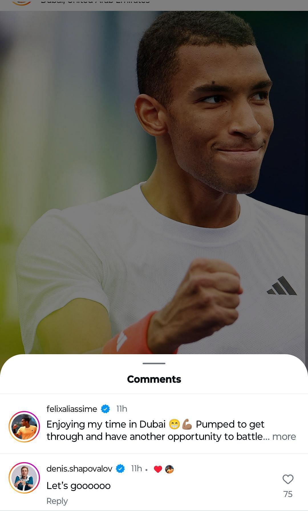 Denis Shapovalov sends a two-word comment on Felix Auger-Aliassime&#039;s post, (Source: Instagram)