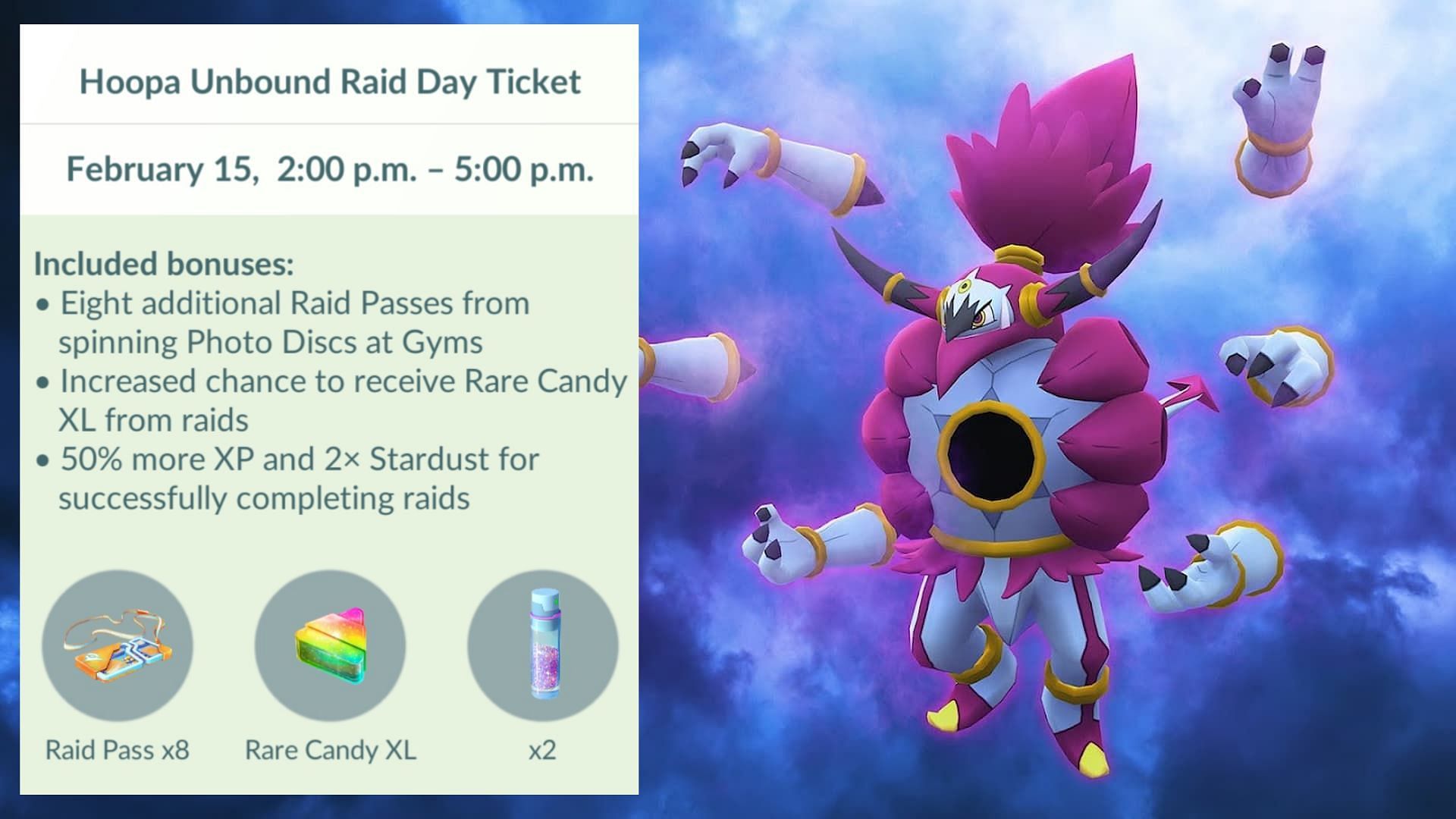 Hoopa Unbound Raid Day Ticket bonuses (Image via The Pokemon Company)