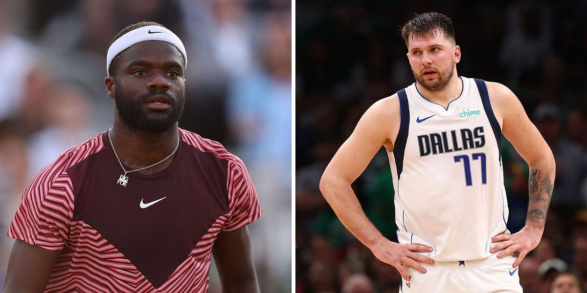 Frances Tiafoe (L) reacts to Luka Doncic