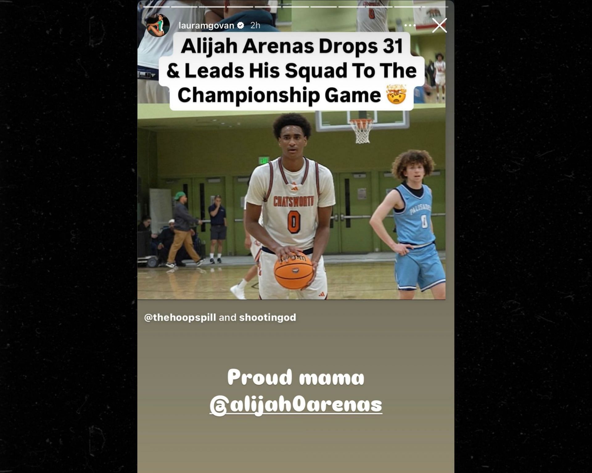 Govan reacts to Alijah Arenas scoring 31 points against Palisades (Image: IG/lauragovanm)