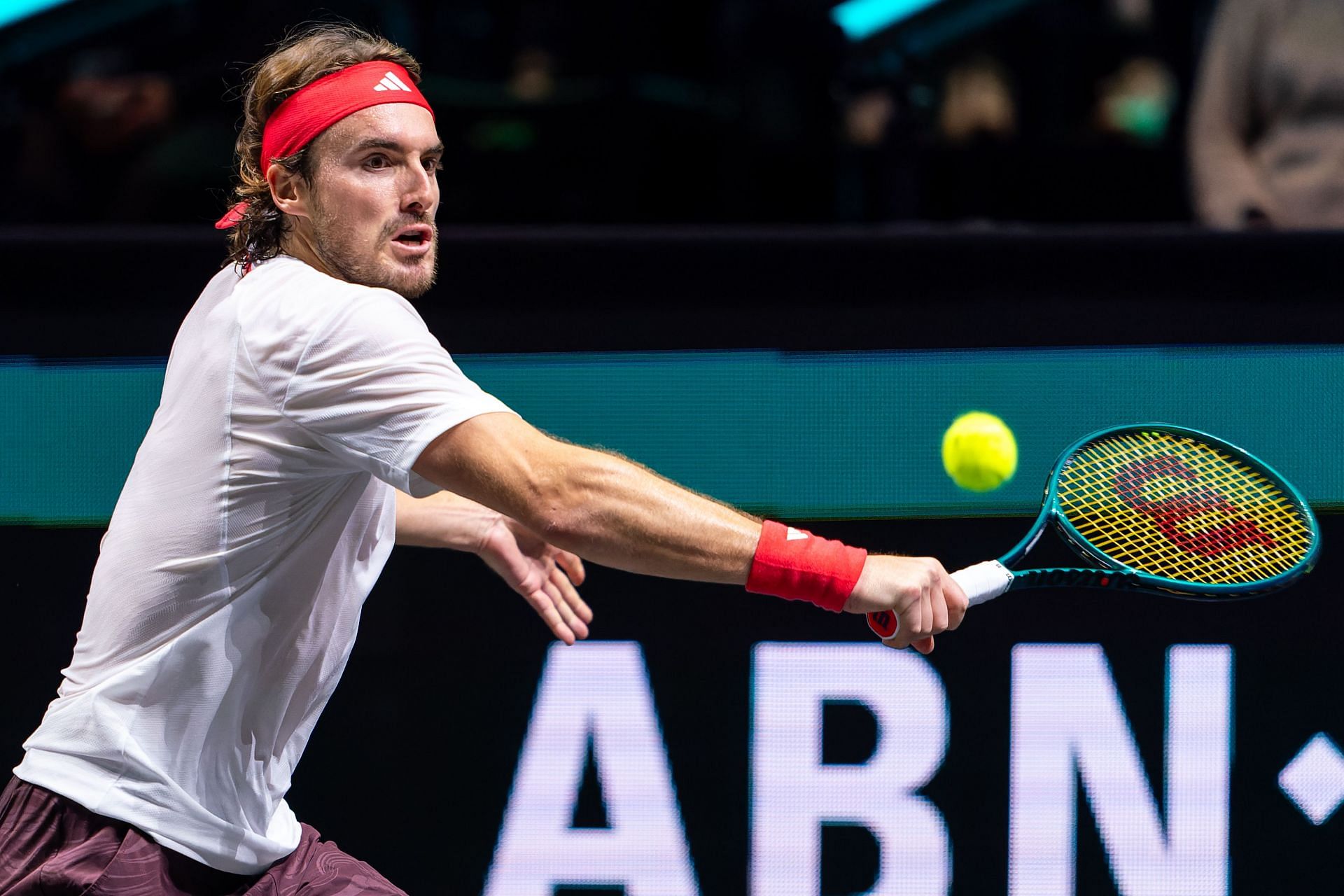 World No. 11 Tsitsipas hits a backhand (Source: Getty)