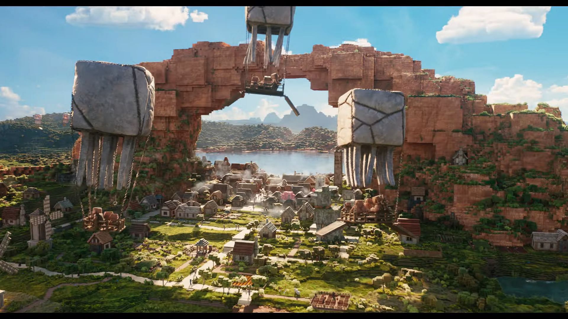 Hordes of Ghast airships approaching the village in A Minecraft Movie final trailer (Image via Warner Bros. Pictures)