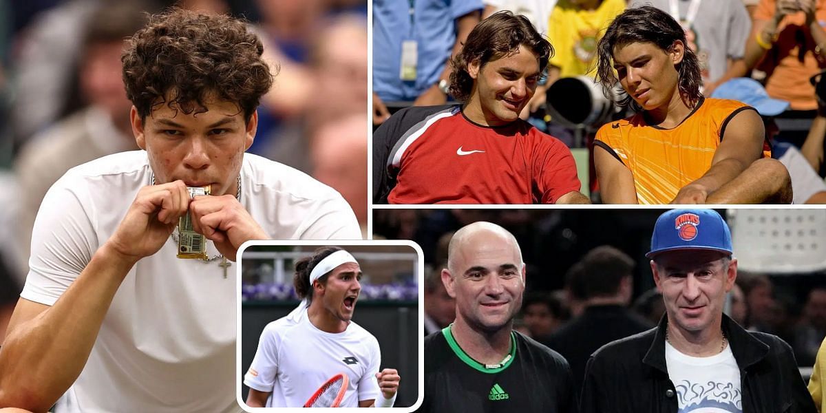 Mattia Bellucci (inset); Ben Shelton (left);  Andre Agassi, John McEnroe (bottom right); Rafael Nadal Roger Federer (top right) - Image Source: Getty