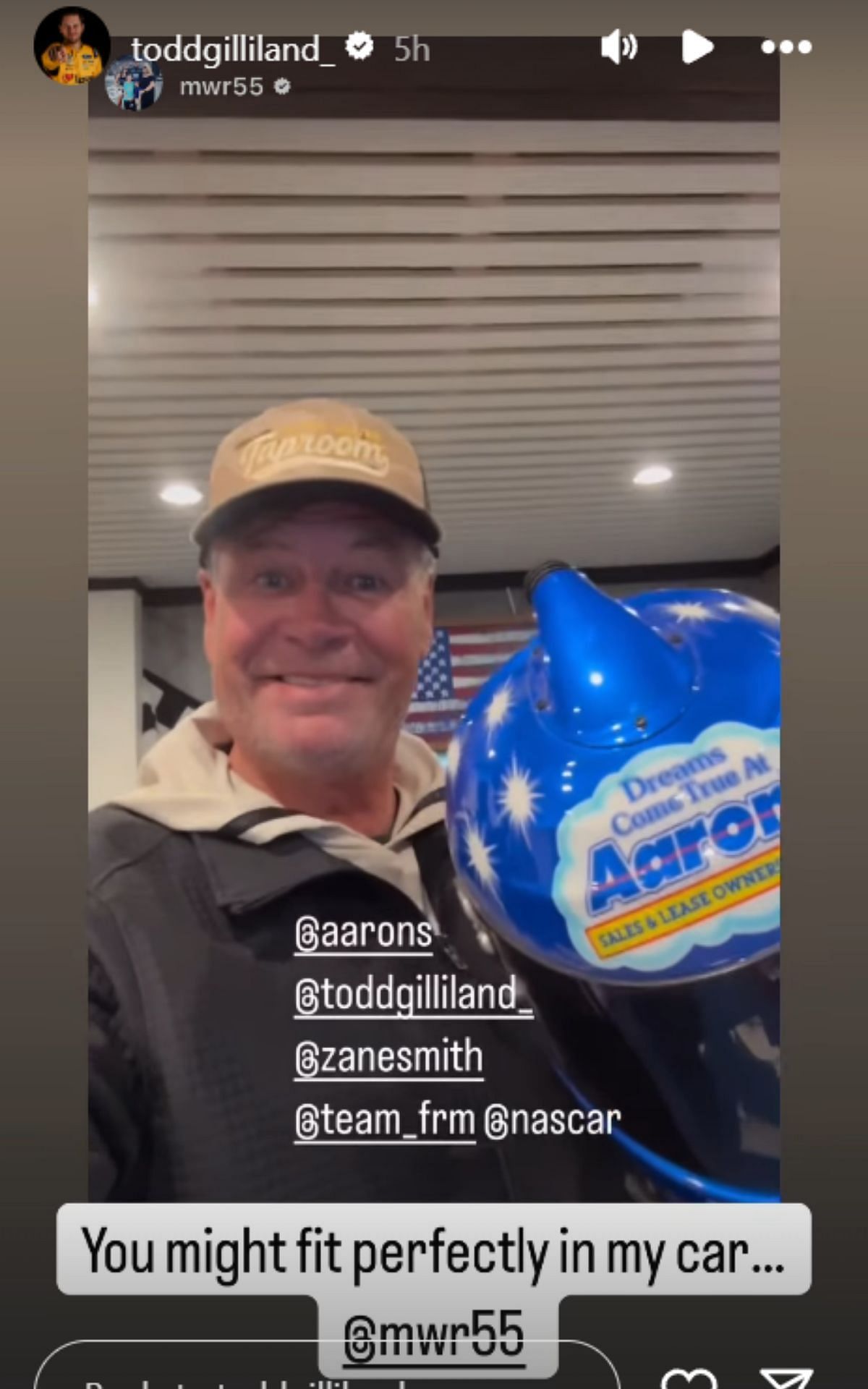 Screengrab of Todd Gilliland&#039;s Instagram Story replying to Michael Waltrip (@toddgilliland_ via Instagram)