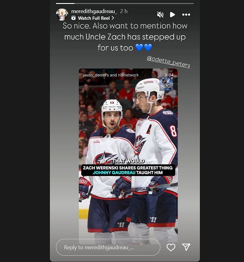 Meredith Gaudreau thanked Zach Werenski on Instagram. (Credit: IG/@meredithgaudreau-)