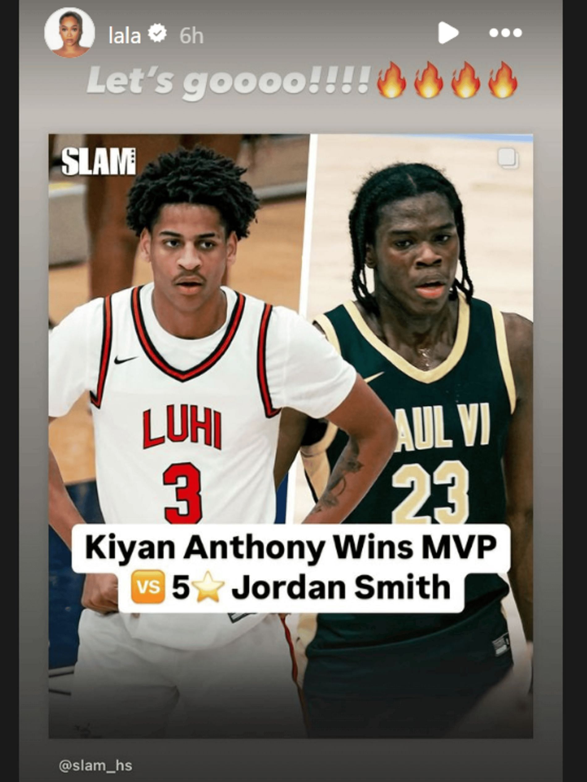 La La shares Instagram story regarding Kiyan Anthony being named MVP (Source: Instagram/ lala)