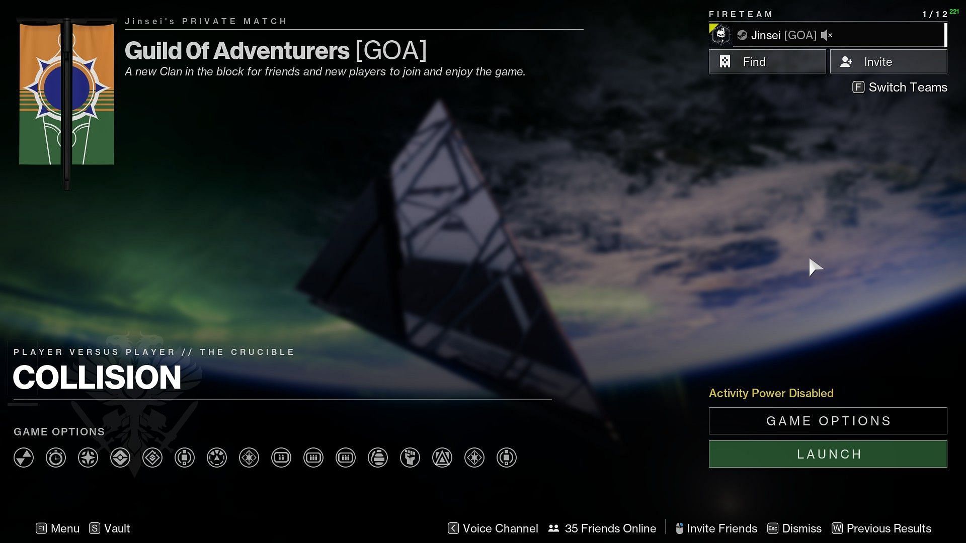 Launching a private match of Collision in Destiny 2 (Image via Bungie)