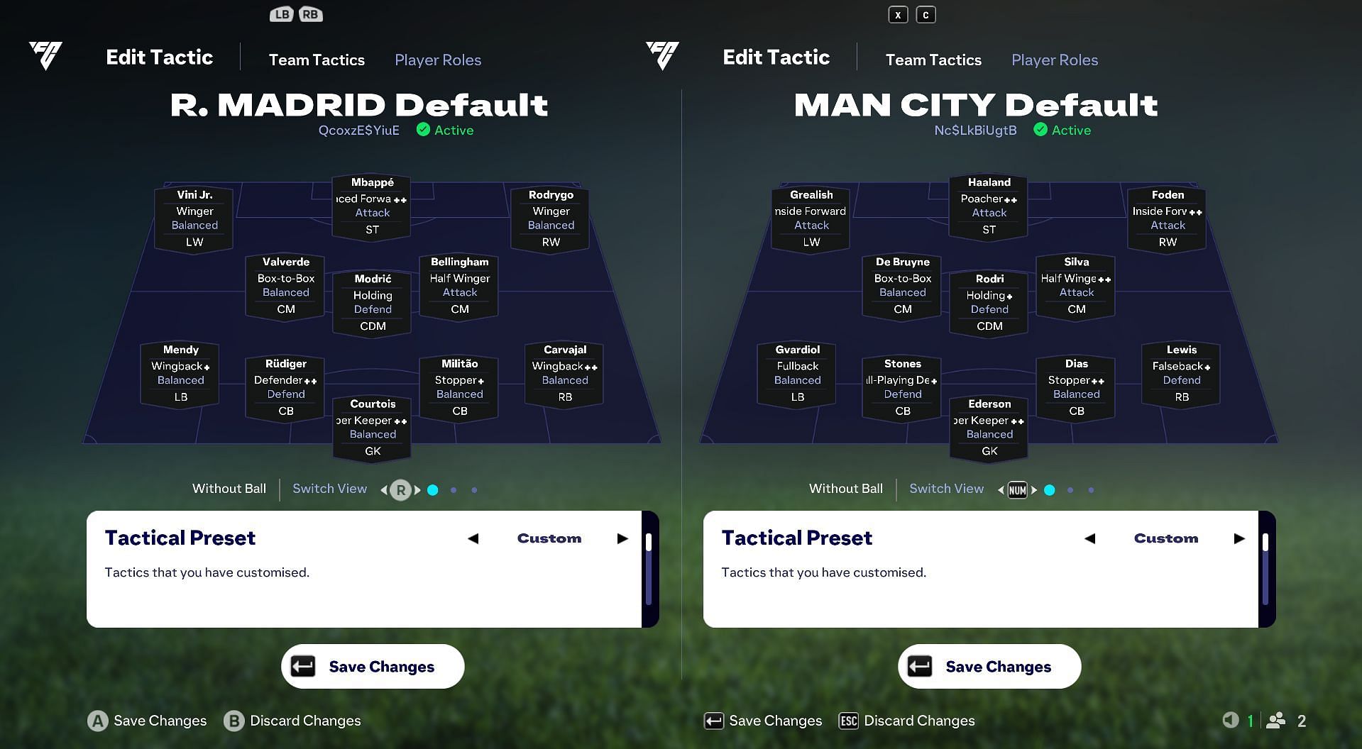 Real Madrid and Man City in-game tactics comparison (Image via Sportskeeda Gaming/EA Sports)