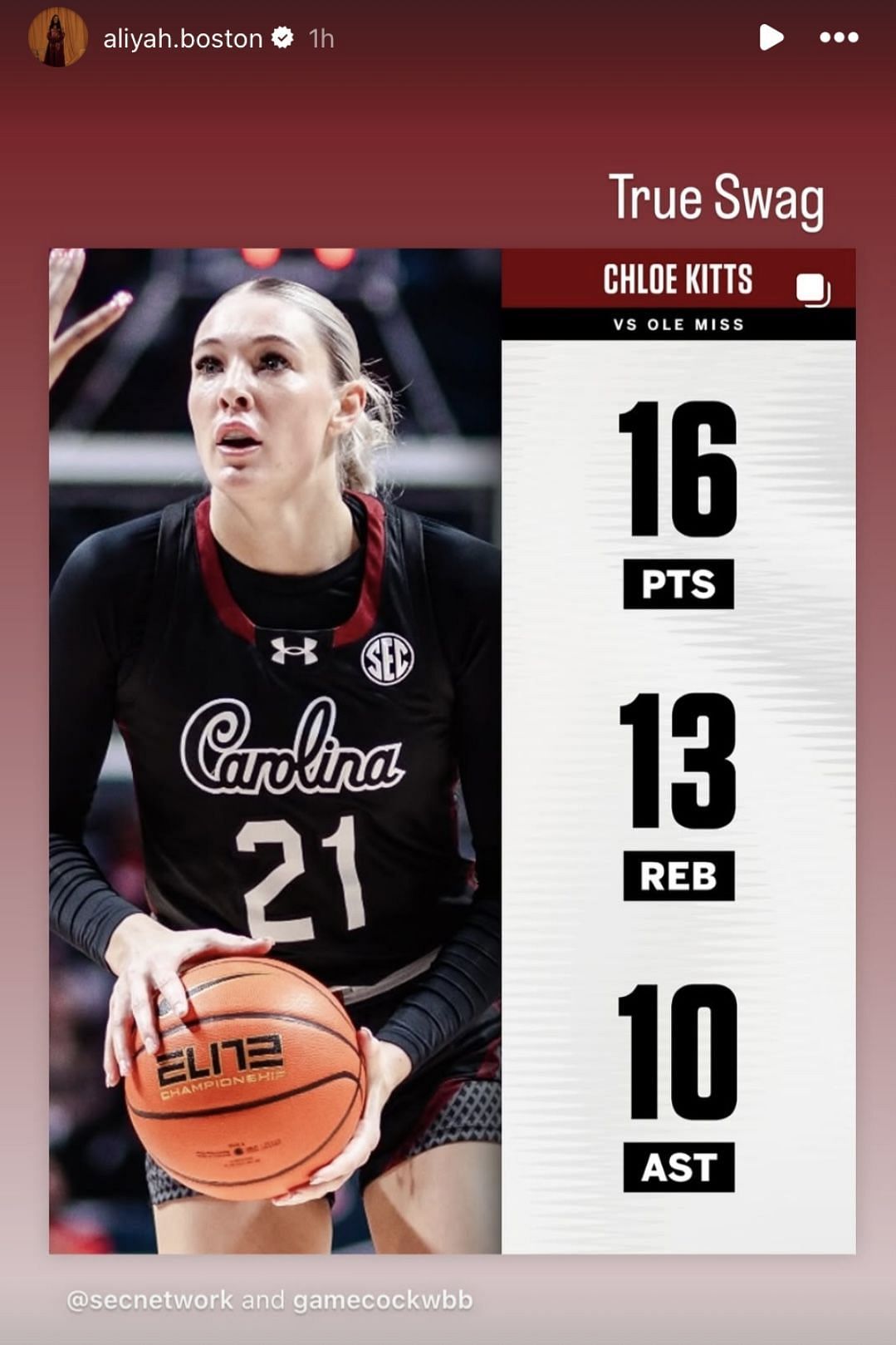 Boston drops two-word reaction to Chloe Kitts&#039; triple-double performance (Image: @aliyah.boston IG)