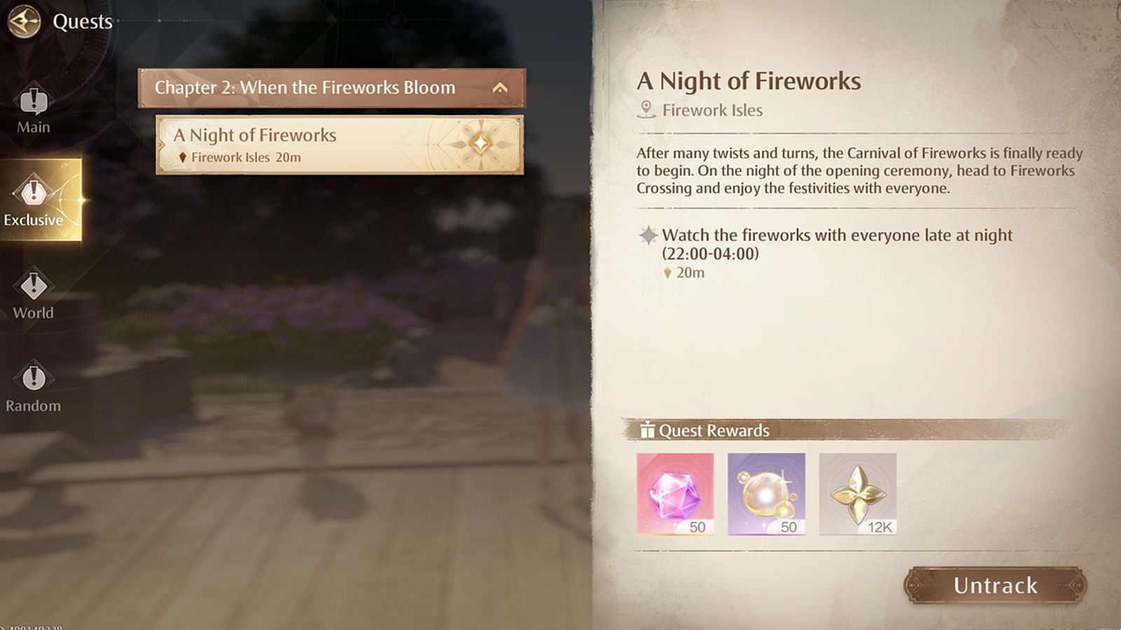 Complete Chapter 2: When the Fireworks Bloom quest (Image via Infold Games)