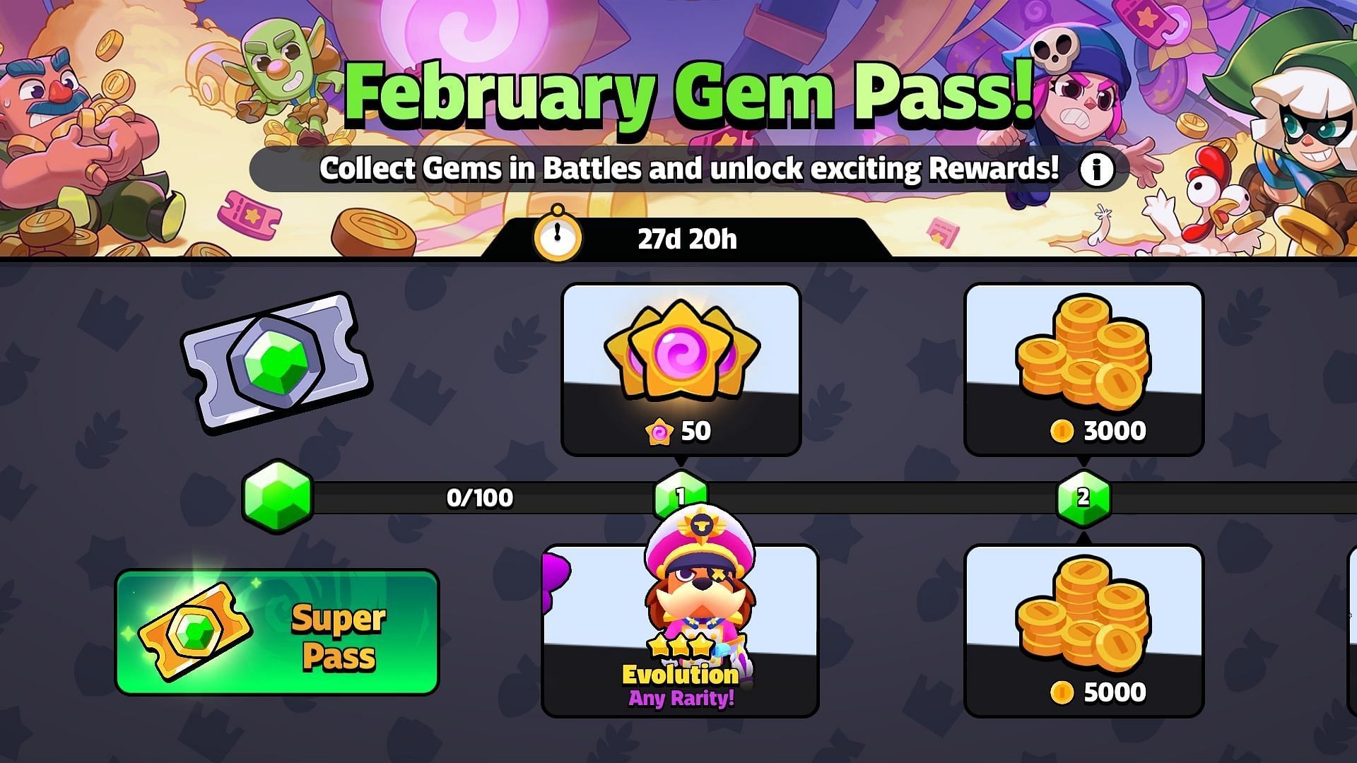 The Squad Busters February Gem Pass 2025 (Image via Supercell)