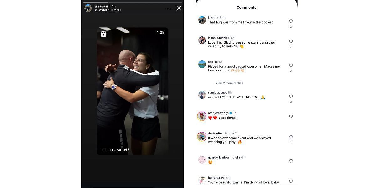 Jaz Agassi&#039;s Instagram story and comment on Emma Navarro&#039;s post