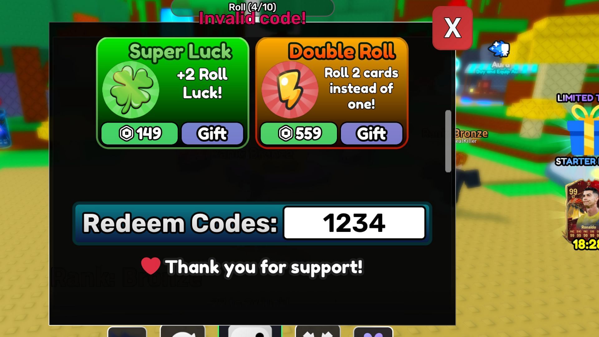 Soccer Prime RNG invalid code issue (Image via Roblox)