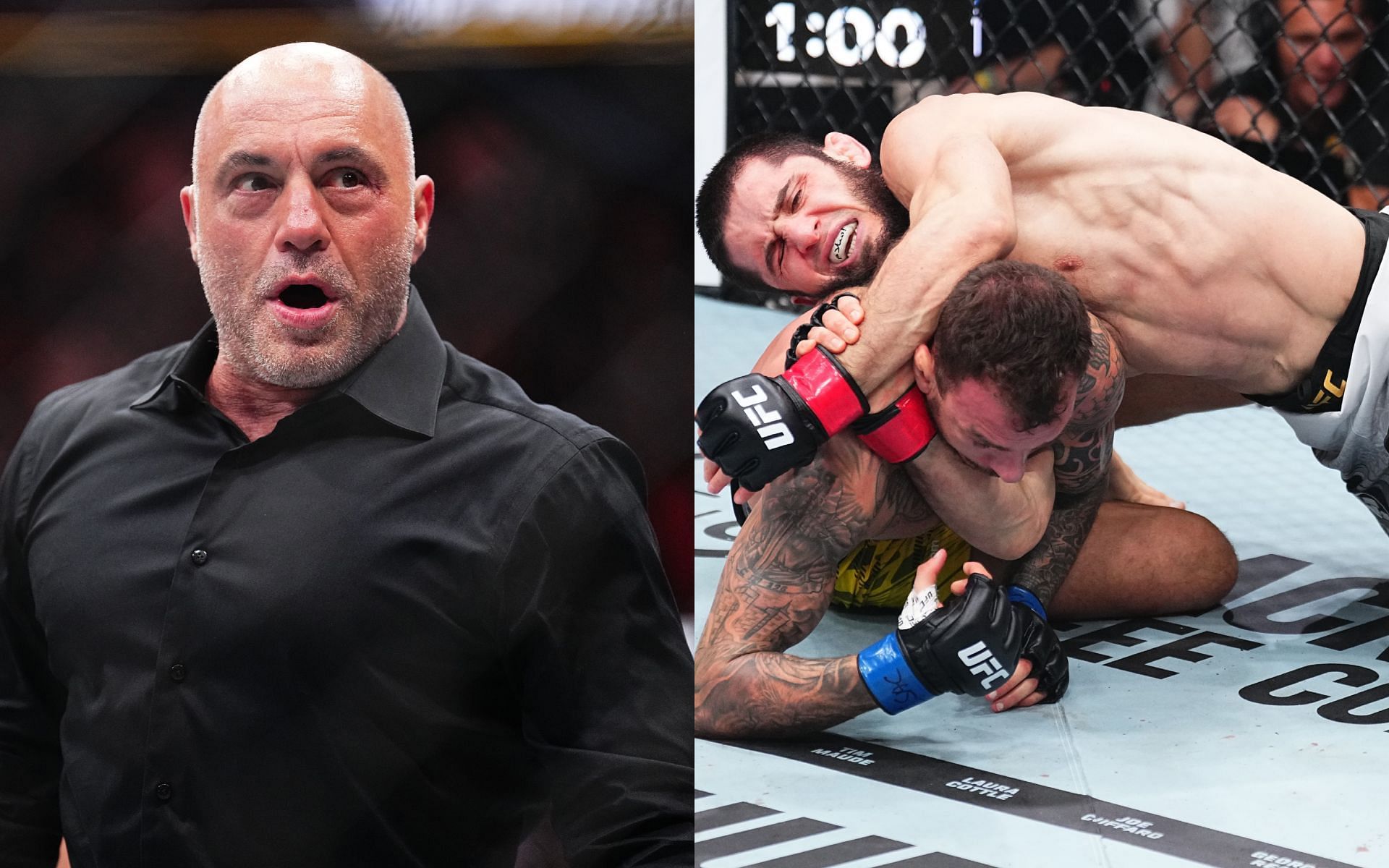 Joe Rogan (left) talks controversial moment during Islam Makhachev vs. Renato Moicano fight (right). [Image courtesy: Getty Images] 