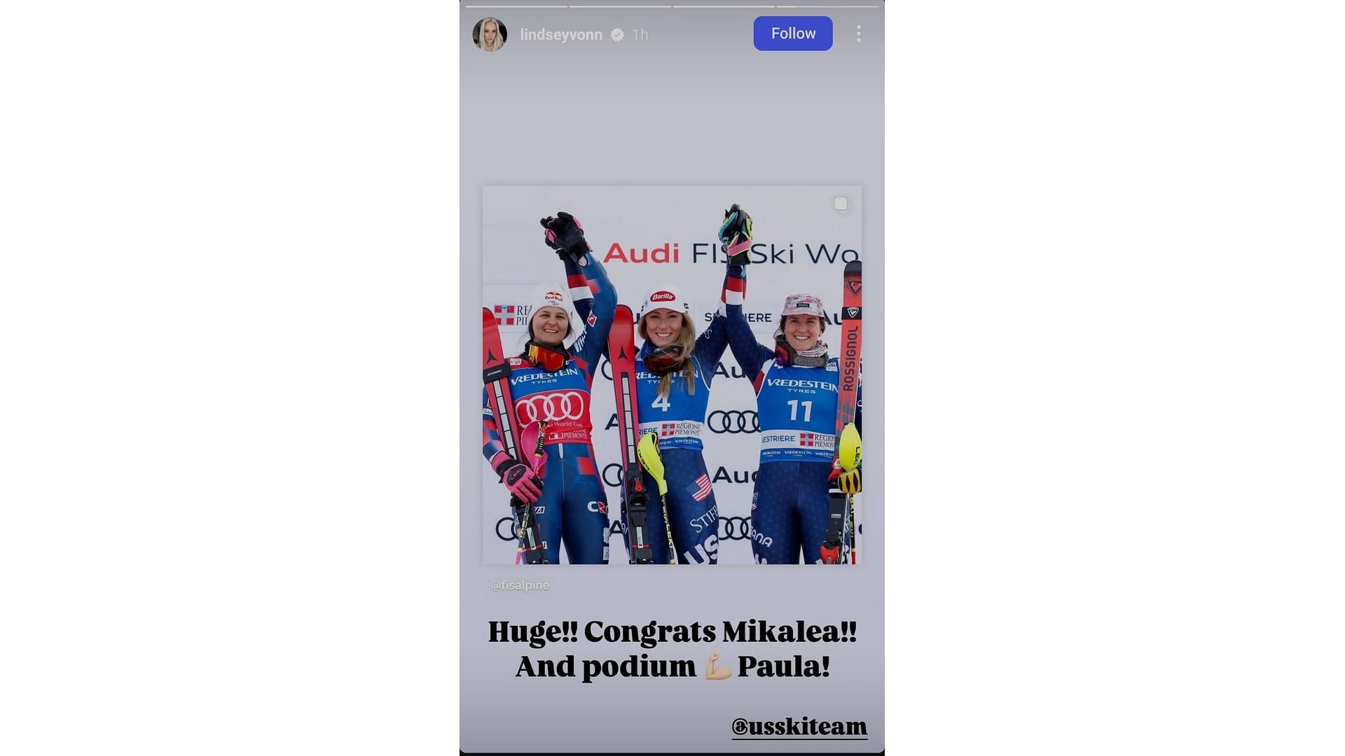 Screenshot of Vonn&#039;s Instagram story feat Mikaela Shiffrin and Paula Moltzan (Image via: Vonn&#039;s Instagram@lindseyvonn)