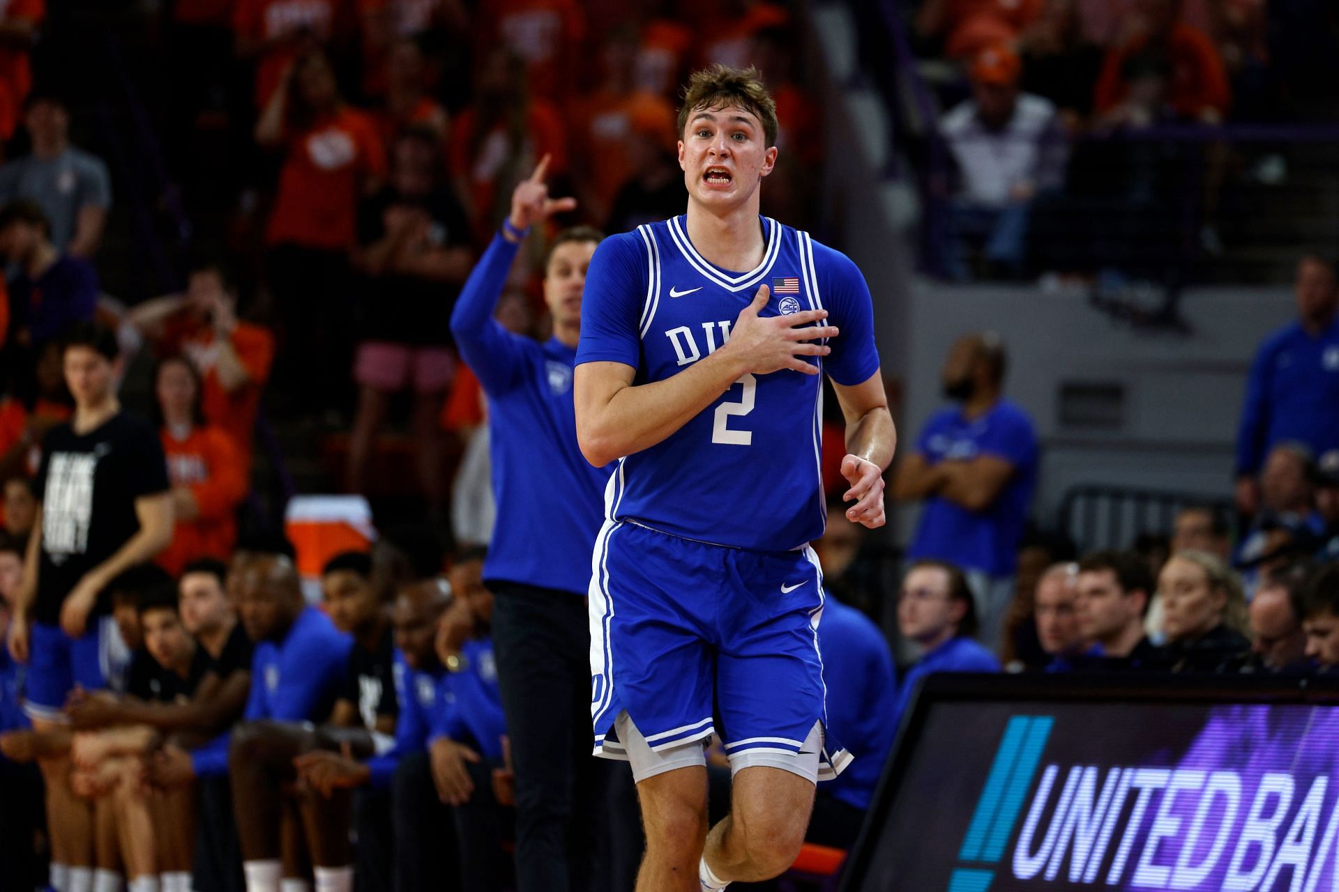 Cooper Flagg (#2) of the Duke Blue Devils signals a teammate during the first half against the Clemson Tigers at Littlejohn Coliseum on February 8, 2025. Photo: Getty