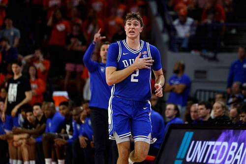 Cooper Flagg (#2) of the Duke Blue Devils signals a teammate during the first half against the Clemson Tigers at Littlejohn Coliseum on February 8, 2025. Photo: Getty