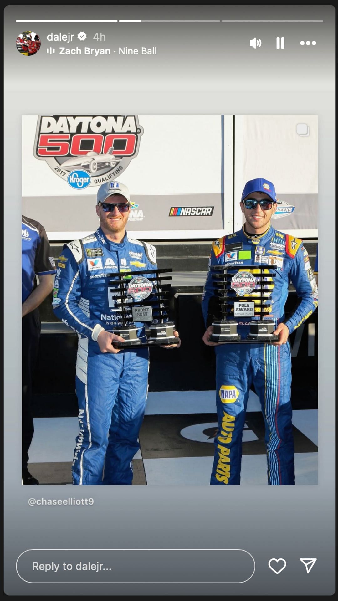 Dale Earnhardt Jr.&#039;s story featuring Chase Elliott - Source: via @dalejr on Instagram