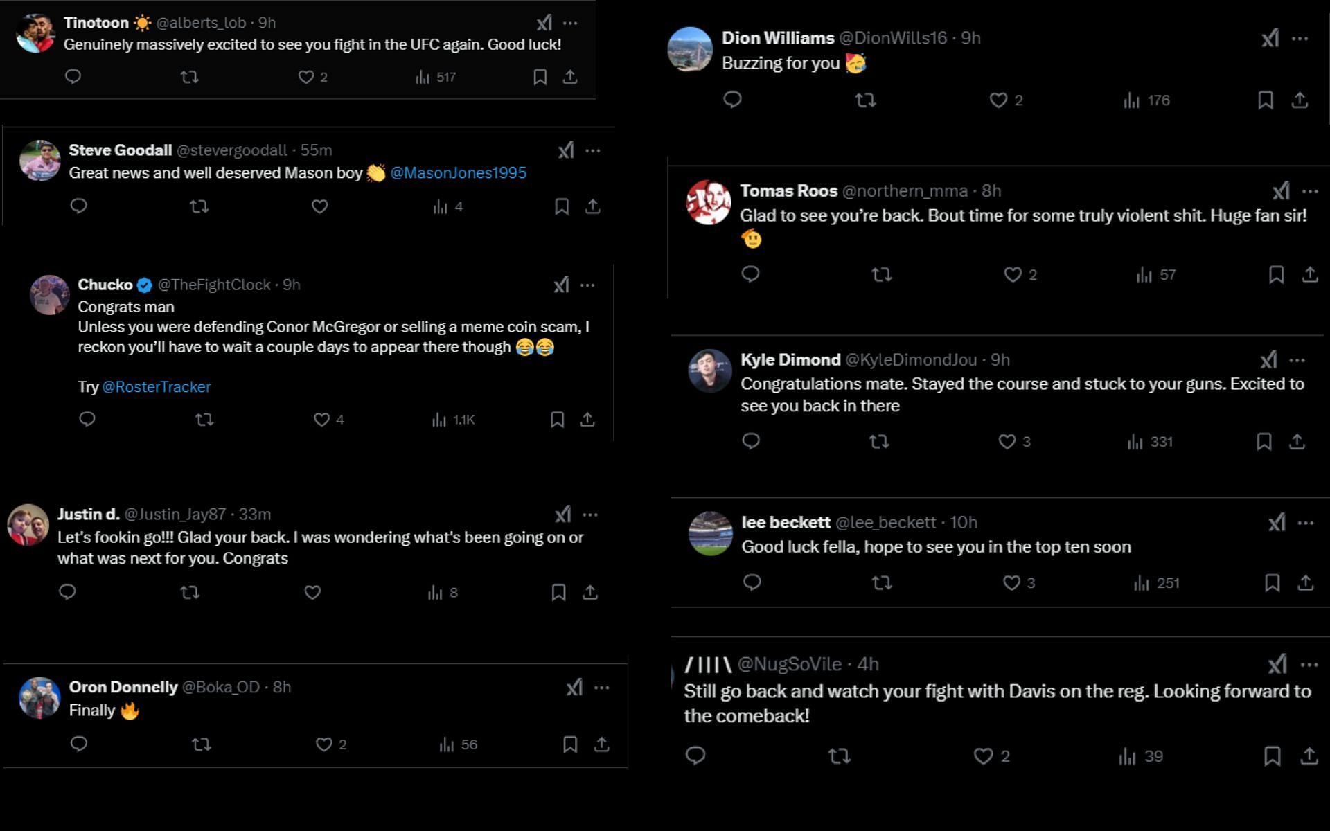 Fan reactions to the news of Mason James&#039; return to UFC [Screenshots courtesy:@MasonJones1995 on X]